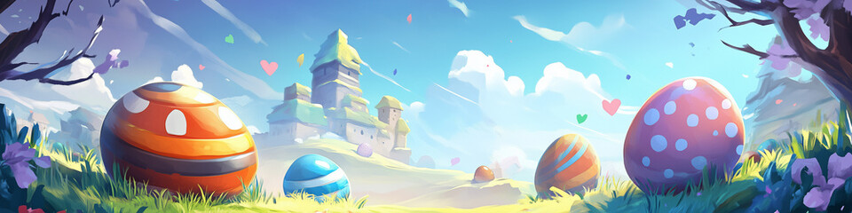 Easter Eggs Basket in a Blooming Flowerfield with Vibrant Colors and Springtime Joy






