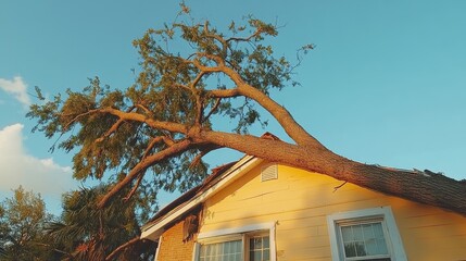 Large tree fallen on a yellow house, sunny day. Illustrates property damage from storms; ideal for insurance or disaster relief.