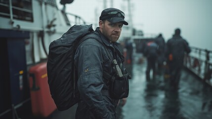 Rugged Fisherman on a Moody Ocean Deck