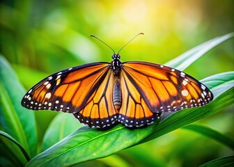 Fototapeta premium Monarch Butterfly on Green Leaf - Close-Up Nature Photography