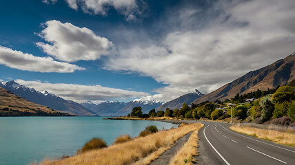 Road along Lake Wakatipu with blue skycloud