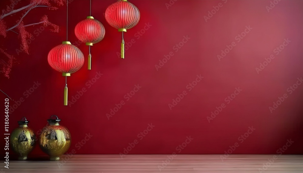 Poster a vibrant display of red lanterns and decorative vases against a deep red wall, creating a festive a