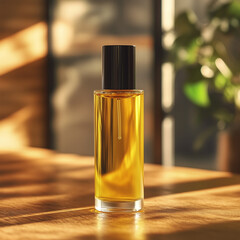 yellow cylinder glass perfume bottle on wooden table isolated on background perfume bottle rack slightly blurred, Ai generated images