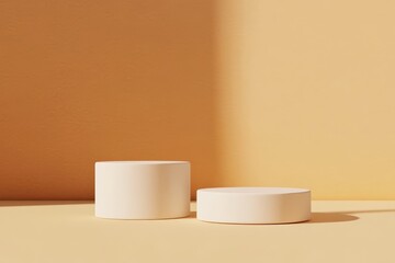 Two elegant white podiums showcased against a vibrant yellow backdrop.