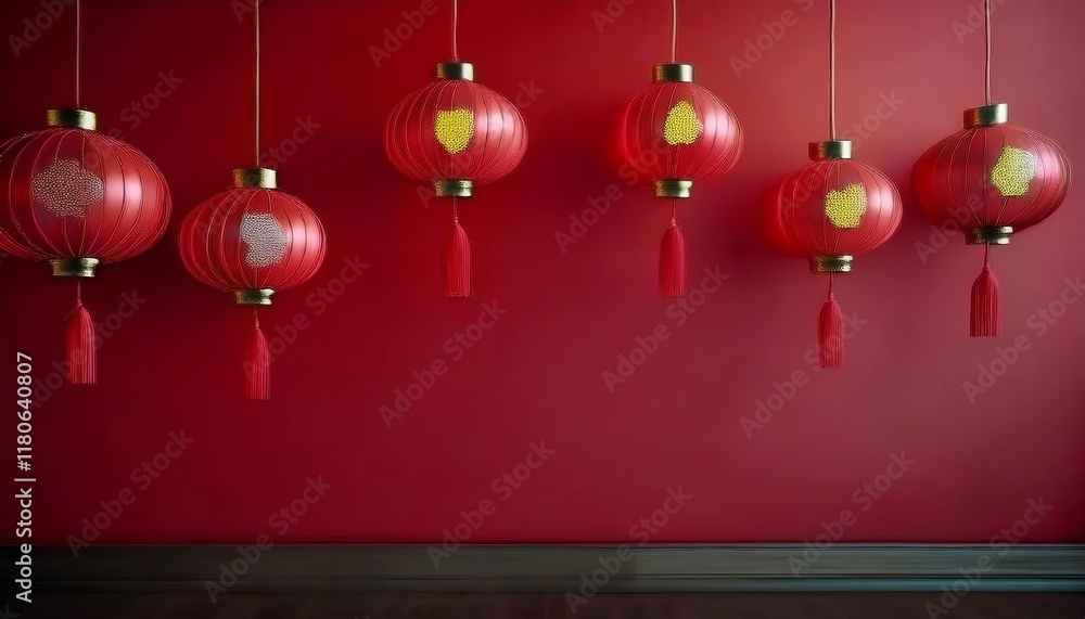 Poster a row of vibrant red lanterns hangs against a matching wall, creating a festive atmosphere, often as