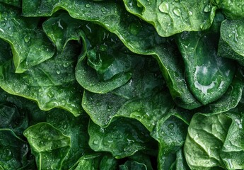 Fototapeta premium Fresh and Delectable Green Leafy Spinach Leaves with Dew Drops and Water Reflection for Healthy Eating and Cooking on a Dark Background