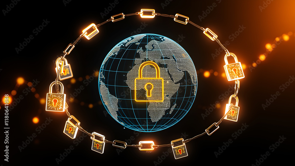 Poster a 3d wireframe globe surrounded by locks and chains of light, representing global cybersecurity and 