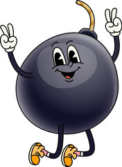 Groovy bomb character in retro cartoon as comic funny personage, vector emoji. Groovy bomb with happy face or explosive TNT cannonball with cute smile jumping in joy with hippie peace sign gesture