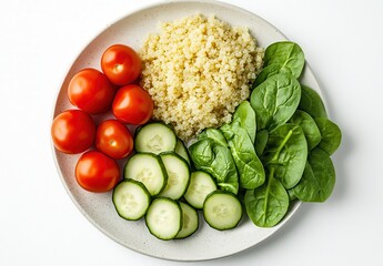 Fresh and Healthy Quinoa Salad Ingredients Featuring Cherry Tomatoes, Sliced Cucumbers, Spinach, and Cooked Quinoa on a Bright White Plate