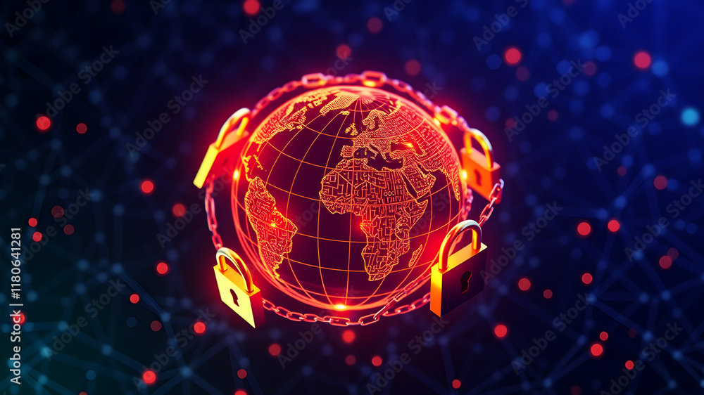 Poster a 3d wireframe globe surrounded by locks and chains of light, representing global cybersecurity and 