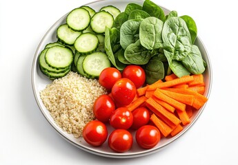 Fresh and Healthy Vegetables and Grains Arrangement with Cucumbers, Spinach, Cherry Tomatoes, Carrots, and Couscous on a White Plate for Culinary Inspiration