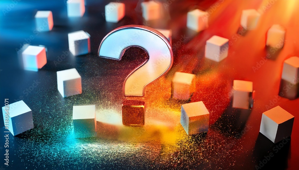 Poster a glowing question mark surrounded by small cubes on a colorful background, symbolizing inquiry and 