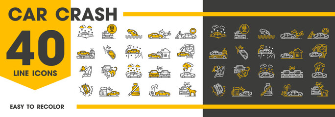 Naklejka premium Car crash icons, traffic accident and vehicle collision or damage, vector line symbols. Automobile transport accidents icons for insurance from natural disaster, drunk driver or collision with animals
