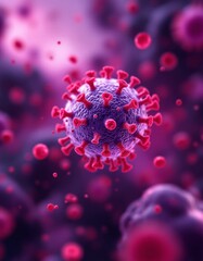 Close-up of coronavirus structure with red spikes on purple background