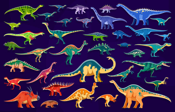 Prehistoric dinosaurs color scheme infographics. Vector set of colorful dino species, terrestrial carnivores, omnivores, herbivores creatures with vibrant colors. Ancient reptiles from Jurassic era