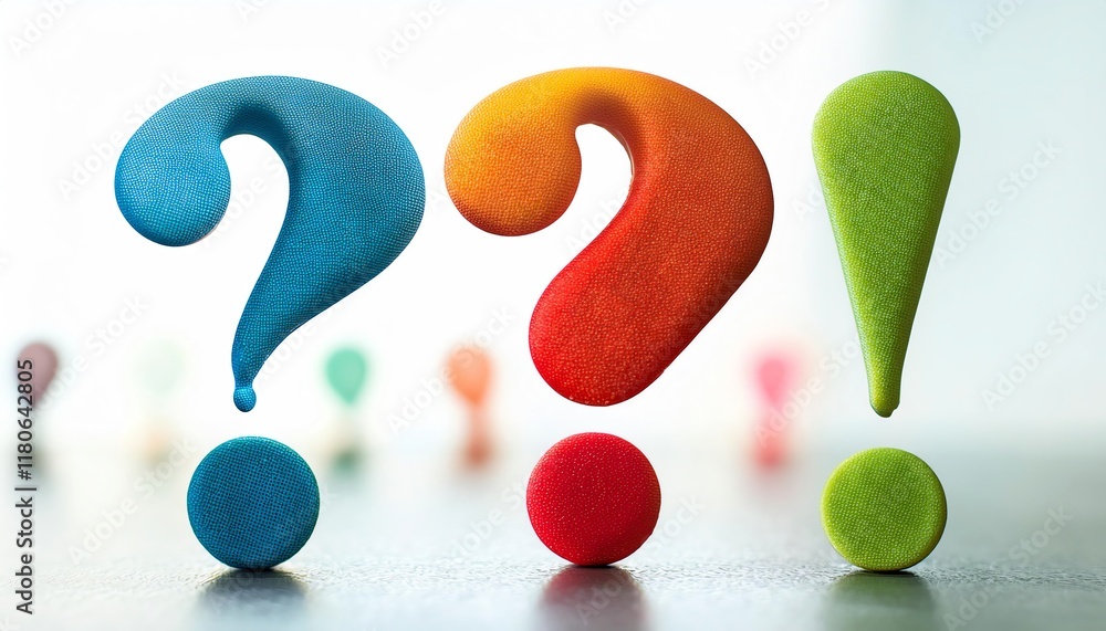 Poster colorful punctuation marks create a playful visual, featuring question and exclamation marks, symbol