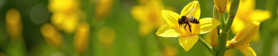 Yellow and black striped bee exits gladiolus bloom, exit, flowers