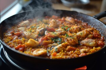 Steaming seafood paella in a cast iron pan. Perfect for food blogs, restaurant menus, or cooking websites.
