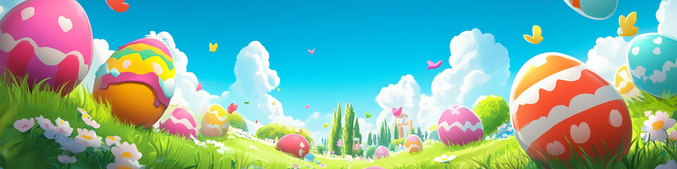 Easter Eggs Basket in a Blooming Flowerfield with Vibrant Colors and Springtime Joy






