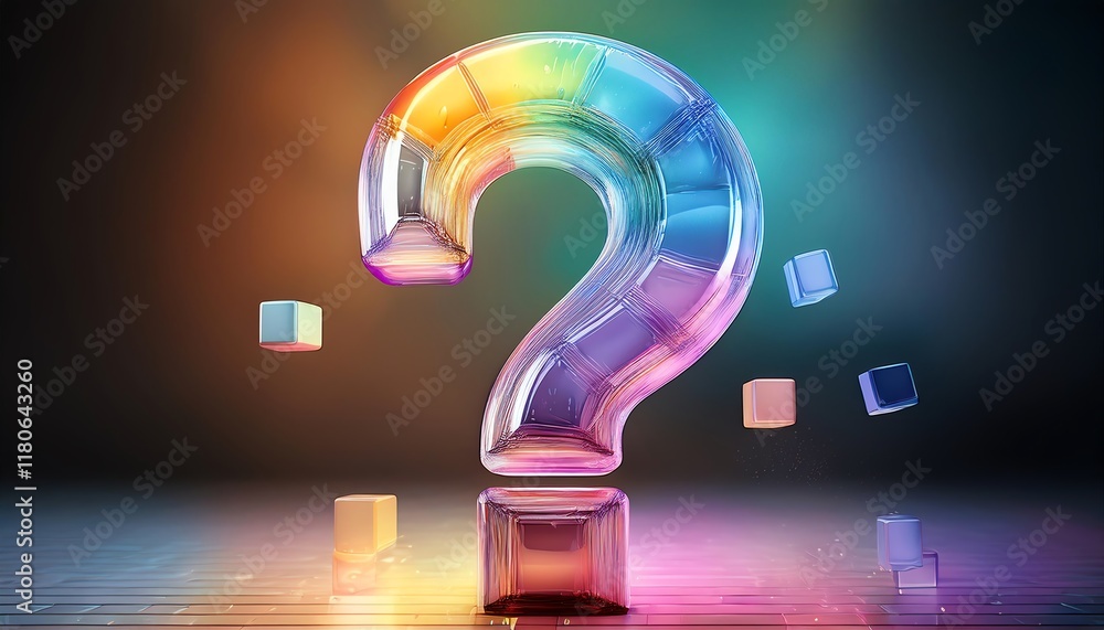 Poster a colorful, translucent question mark stands prominently, surrounded by geometric shapes, creating a