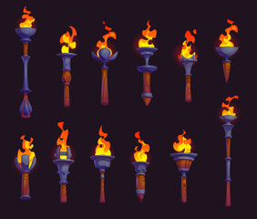 Medieval fire torch, game asset, vector UI. Cartoon ancient greek flaming torches with wood handles and metal cups, video and mobile game development elements. Wall mounted and handheld fire sticks