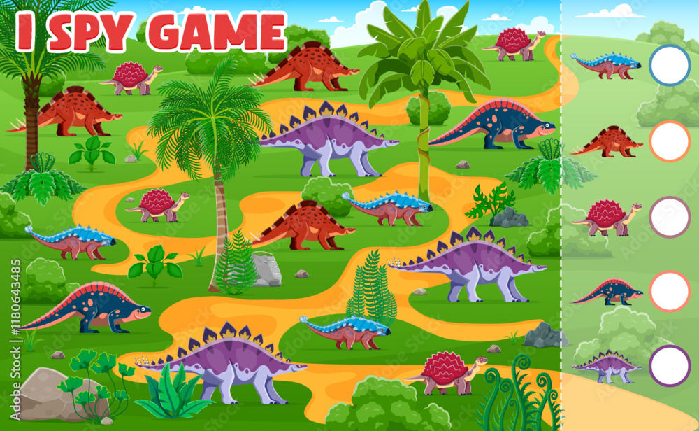 Poster prehistoric dinosaurs on kids i spy game worksheet, vector dino puzzle quiz. i spy game to find and 