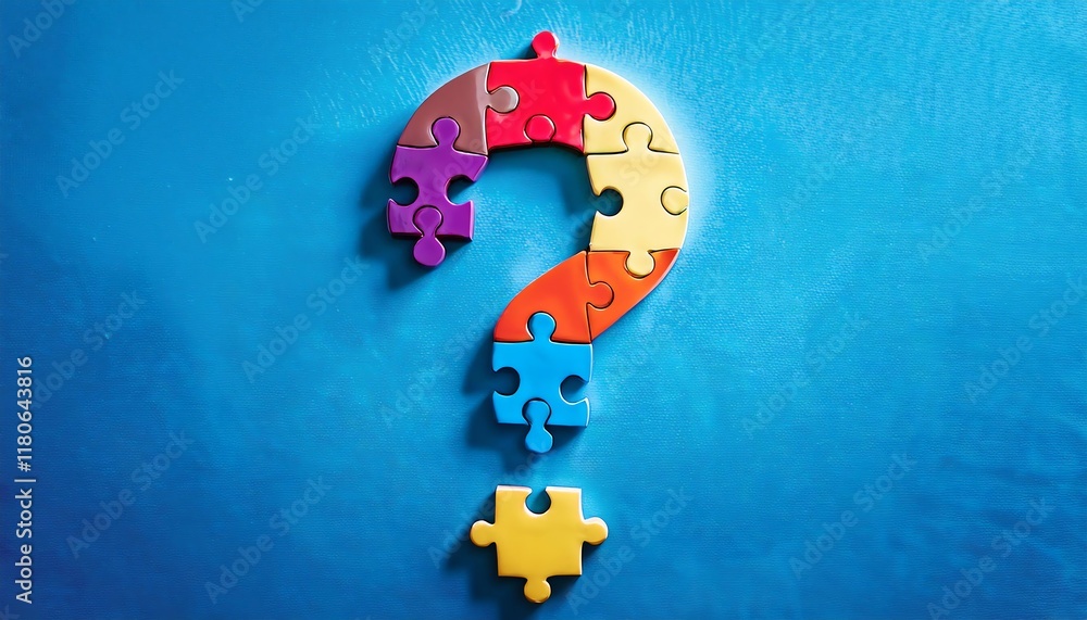 Poster a colorful puzzle piece arrangement forms a question mark against a blue background, symbolizing cur
