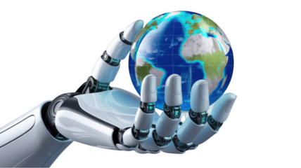 realistic glossy robot hand holding globe, symbolizing technology and sustainability. hand showcases intricate details and futuristic design, emphasizing innovation and care for planet