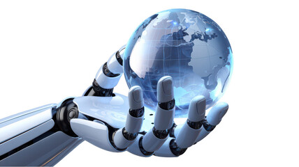 3D model of realistic glossy robot hand holding transparent globe, symbolizing technology and global connection. hand is detailed and futuristic, showcasing advanced robotics