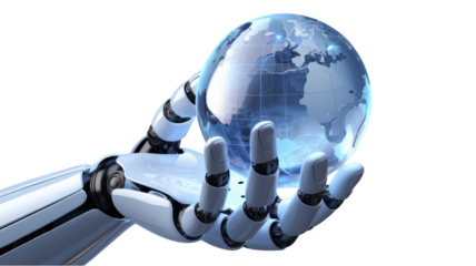 3D model of realistic glossy robot hand holding transparent globe, symbolizing technology and global connection. hand is detailed and futuristic, showcasing advanced robotics
