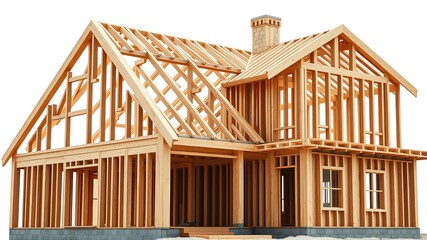 Wooden Frame House Under Construction, Isolated, High Detail, Photorealistic
