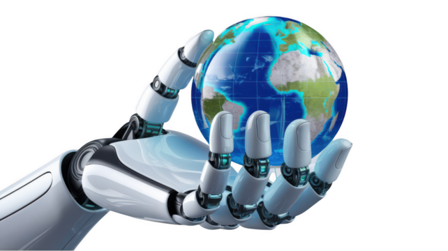 realistic glossy robot hand holding globe, symbolizing technology and sustainability. hand showcases intricate details and futuristic design, emphasizing innovation and care for planet
