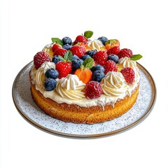 Freshly Baked Cake Topped with Whipped Cream and Assorted Berries on a Decorative Plate