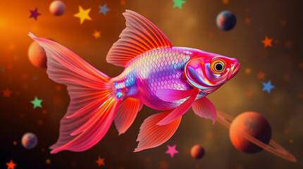 Fototapeta premium A fine art photograph of an iridescent pink goldfish swimming among colorful stars and planets, exhibiting a dreamlike, ethereal quality with soft contrast and saturation, in warm, slightly dark tones