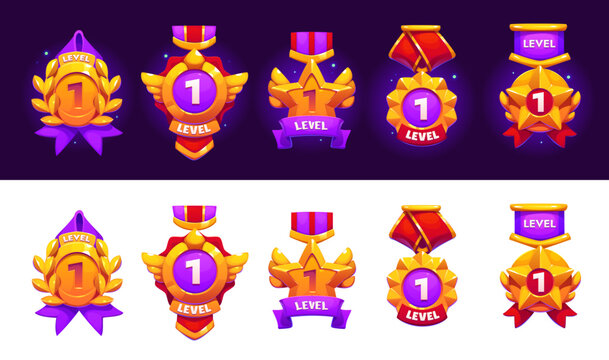 Game rank level up badge icons, victory shields asset. Cartoon vector reward, user rate trophies signify progression and achievement, victory and success in gaming. Gui pop up elements for mobile apps