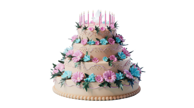 multi tier birthday cake adorned with colorful flowers and candles, perfect for celebrations. intricate design features pink and blue blooms, creating festive atmosphere