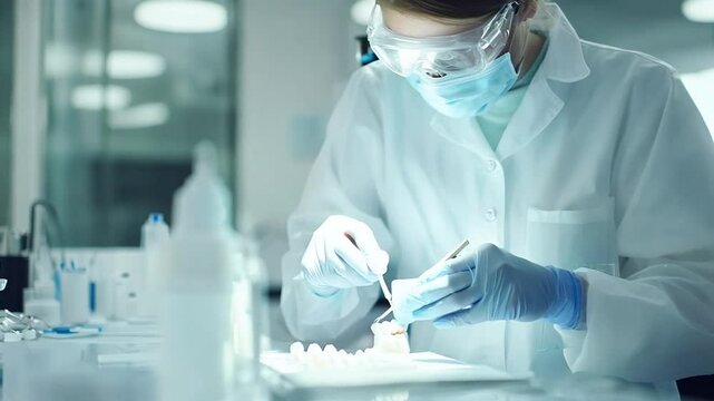 A dental technician wearing protective goggles and gloves works meticulously on dental models in a modern laboratory setting. The image captures a professional and sterile environment focused 