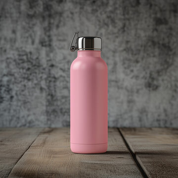 Pink stainless steel tumbler bottle mockup on wooden table isolated on dull gray cement wall background, Ai generated images