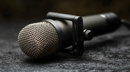 Obraz premium Studio microphone recording audio on dark surface, blurred background.