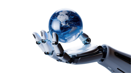 3D render of realistic glossy robot hand holding transparent globe, symbolizing technology and innovation. hand showcases intricate details and futuristic design