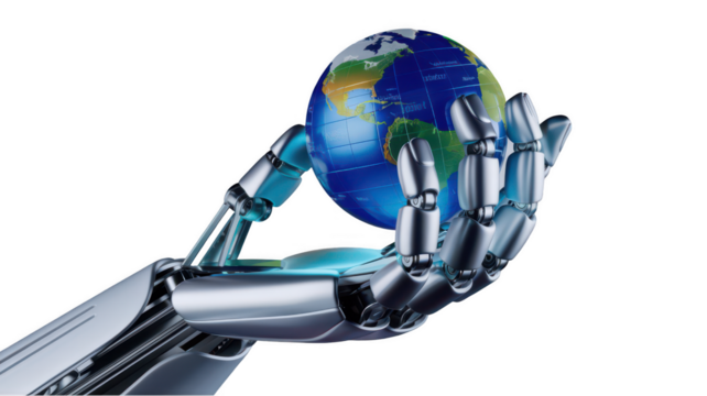 3D render of realistic glossy robot hand holding globe, symbolizing technology and sustainability. hand showcases intricate details and shiny finish, emphasizing innovation