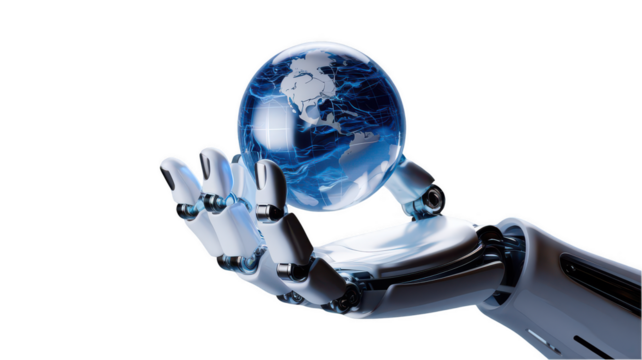 3D render of realistic glossy robot hand holding transparent globe, symbolizing technology and innovation. hand showcases intricate details and futuristic design
