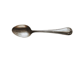 classic silver spoon with elegant design, resting on white background, showcasing its polished surface and intricate handle details