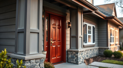 Fototapeta premium A red front door is centered in this image of a gray house's exterior. The house features stone accents at the base, and windows with black shutters. The landscaping includes shrubs and green lawn.