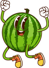 Cartoon funny retro groovy watermelon fruit character. Isolated vector quirky fruit personage with expressive eyes and smiling face cheerfully jumping and rejoicing exuding playful hippie summer vibes