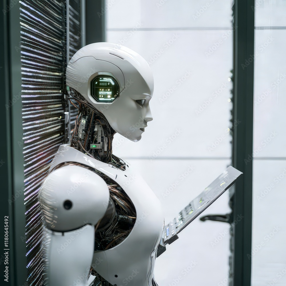 Poster futuristic robot ai in data center server room digital technology