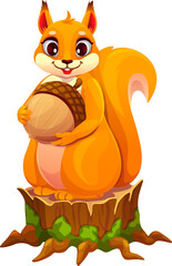 Cartoon squirrel character holding a big acorn while perched on a tree stump. Isolated vector cute and funny forest animal personage with orange fur and lively cheerful expression exudes playful vibe