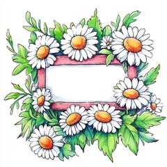 Fototapeta premium Vibrant Hand-Drawn Daisy Frame Illustration: Charming Floral Border Design. AI Generated
