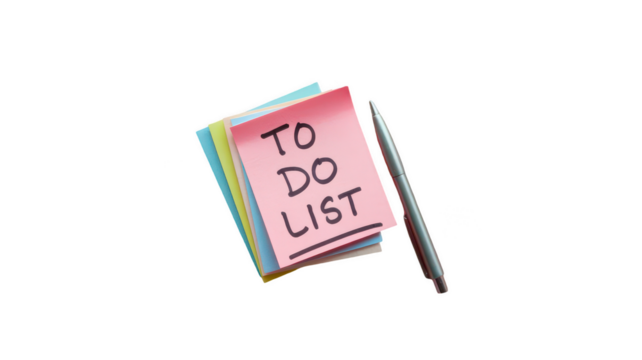 Colorful sticky notes with pink note labeled To Do List and pen, perfect for organizing tasks and reminders