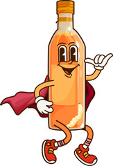 Groovy cartoon Halloween Mexican mezcal bottle wizard character, vector Tex Mex drink. Groovy Mexican mezcal alcohol drink bottle with happy face in sorcerer wizard mantle for Halloween holiday